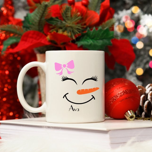 Anpassat namn Snögubbe Snowgirl Rosa Bow Kaffemugg (Skapare uppladdad)