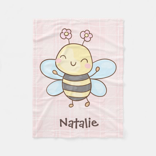 Anpassat namn snygg liten bin flyger lyckligt rosa fleecefilt (Framsidan)