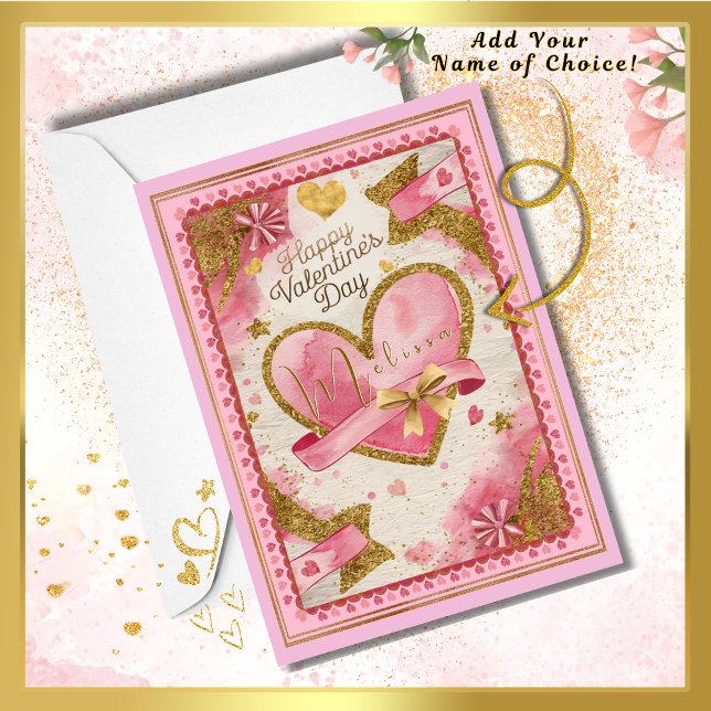 Anpassat namn Söt Rosa Guld Hearts Valentines day Kort (Express your love on Valentine's Day! Gorgeous pink & gold heart card to surprise your loved one!)