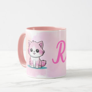 Anpassat Namn Söt Rosa Katt Tjej Vattenfärg Kattun Mugg
