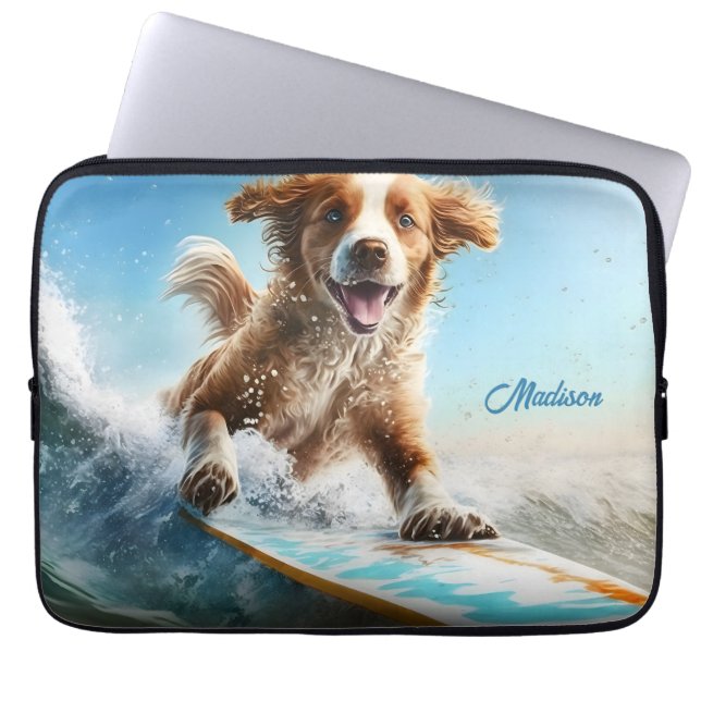 Anpassat Namn Surfande Hund Laptop Fodral (Framsidan)
