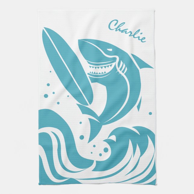 Anpassat namn Surfer Shark kökshandduk (Vertikal)