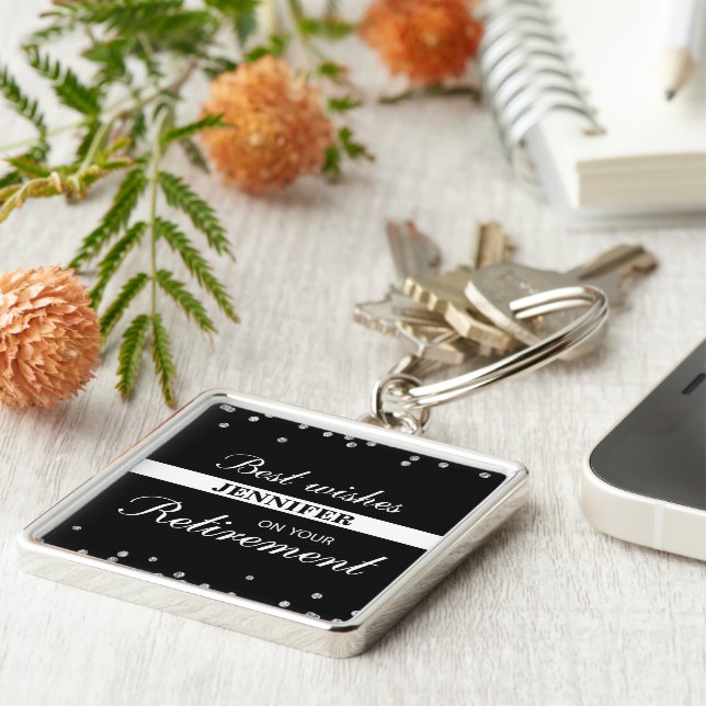 Anpassat namn, svart för Pension Grattis Fyrkantig Silverfärgad Nyckelring (Sidan)