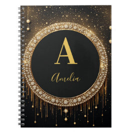 Anpassat namn Svart Glitter Monogram Bokstav Anteckningsbok
