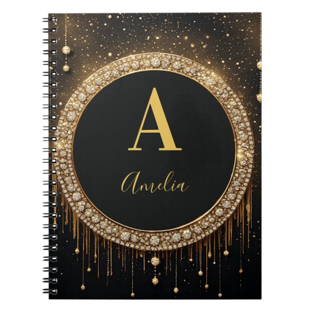 Anpassat namn Svart Glitter Monogram Bokstav Anteckningsbok (Framsidan)