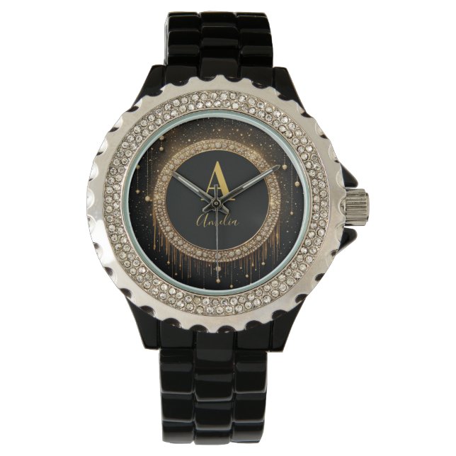 Anpassat namn Svart Glitter Monogram Bokstav Armbandsur (Framsida)