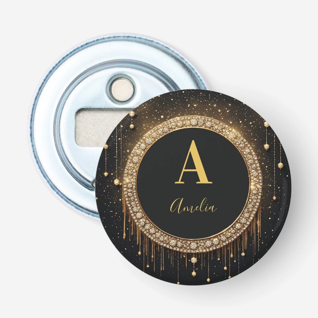 Anpassat namn Svart Glitter Monogram Bokstav Flasköppnare (Framsidan)
