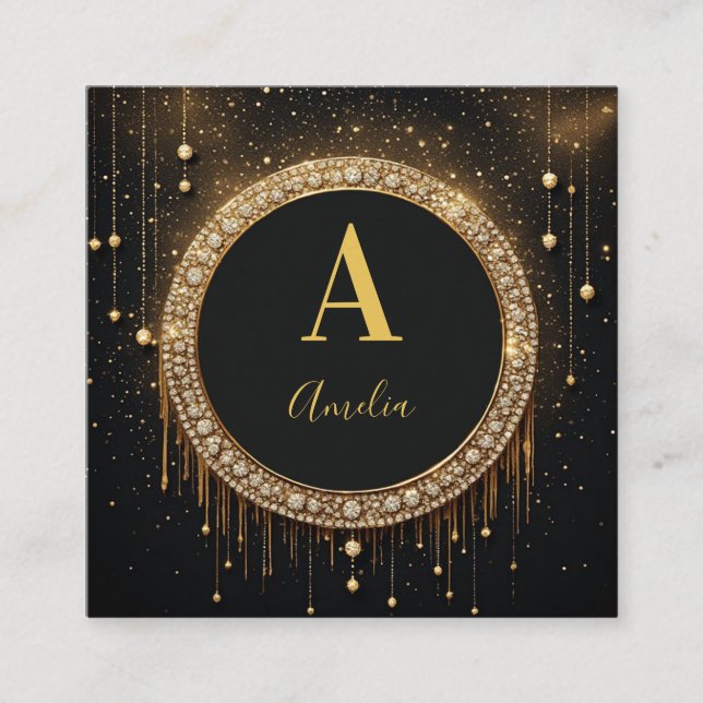 Anpassat namn Svart Glitter Monogram Bokstav Fyrkantigt Visitkort (Framsida)