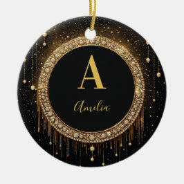Anpassat namn Svart Glitter Monogram Bokstav Julgransprydnad Keramik