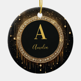 Anpassat namn Svart Glitter Monogram Bokstav Julgransprydnad Keramik