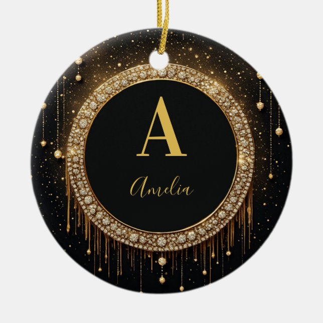 Anpassat namn Svart Glitter Monogram Bokstav Julgransprydnad Keramik (Framsidan)