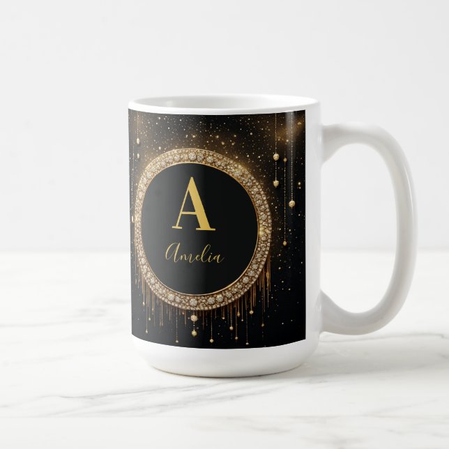 Anpassat namn Svart Glitter Monogram Bokstav Kaffemugg (Höger)