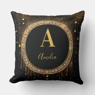 Anpassat namn Svart Glitter Monogram Bokstav Kudde