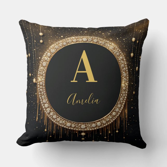 Anpassat namn Svart Glitter Monogram Bokstav Kudde (Framsida)