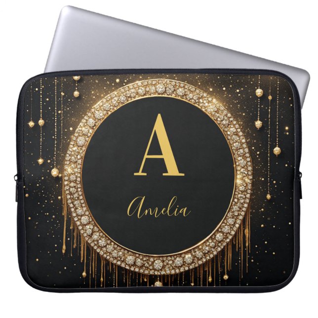 Anpassat namn Svart Glitter Monogram Bokstav Laptop Fodral (Framsidan)