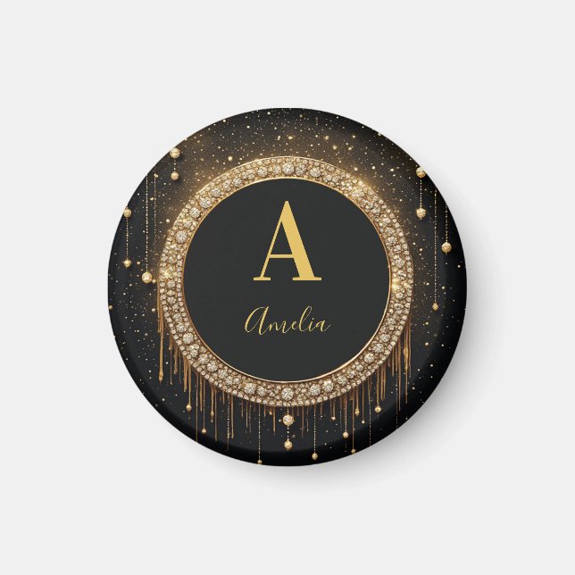 Anpassat namn Svart Glitter Monogram Bokstav Magnet (Framsidan)