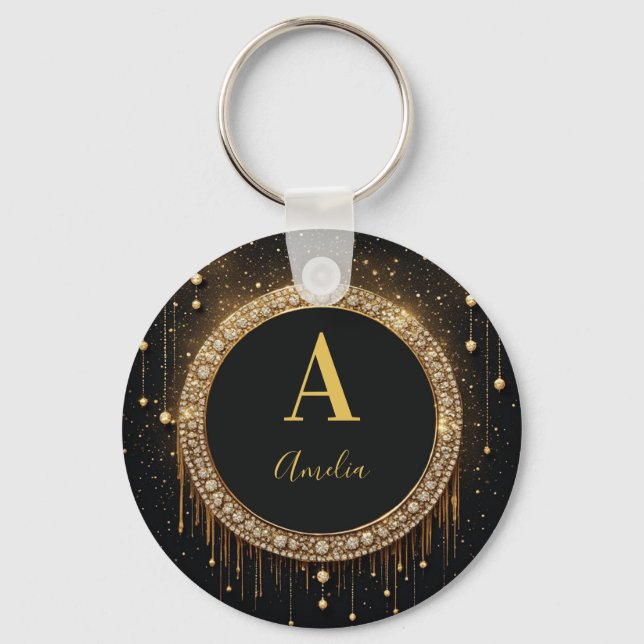 Anpassat namn Svart Glitter Monogram Bokstav Nyckelring (Framsida)