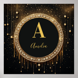 Anpassat namn Svart Glitter Monogram Bokstav Poster