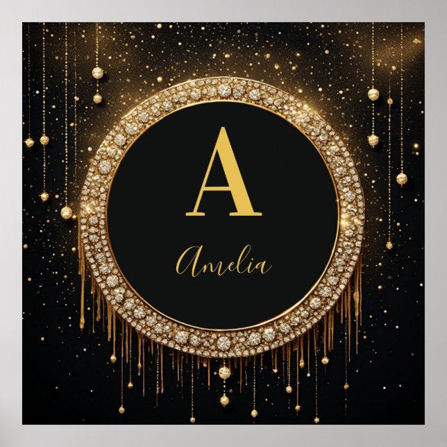 Anpassat namn Svart Glitter Monogram Bokstav Poster (Framsidan)