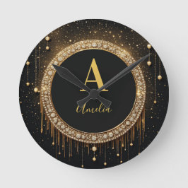 Anpassat namn Svart Glitter Monogram Bokstav Rund Klocka