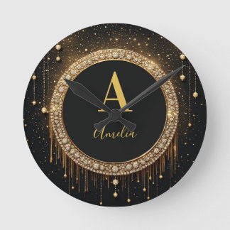 Anpassat namn Svart Glitter Monogram Bokstav Rund Klocka