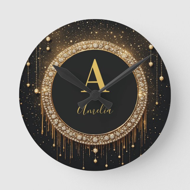 Anpassat namn Svart Glitter Monogram Bokstav Rund Klocka (Framsida)