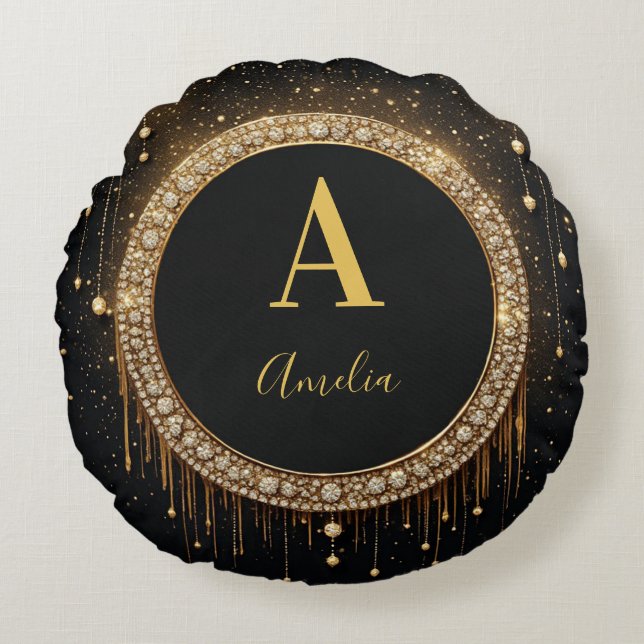 Anpassat namn Svart Glitter Monogram Bokstav Rund Kudde (Framsidan)