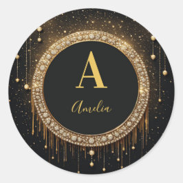 Anpassat namn Svart Glitter Monogram Bokstav Runt Klistermärke