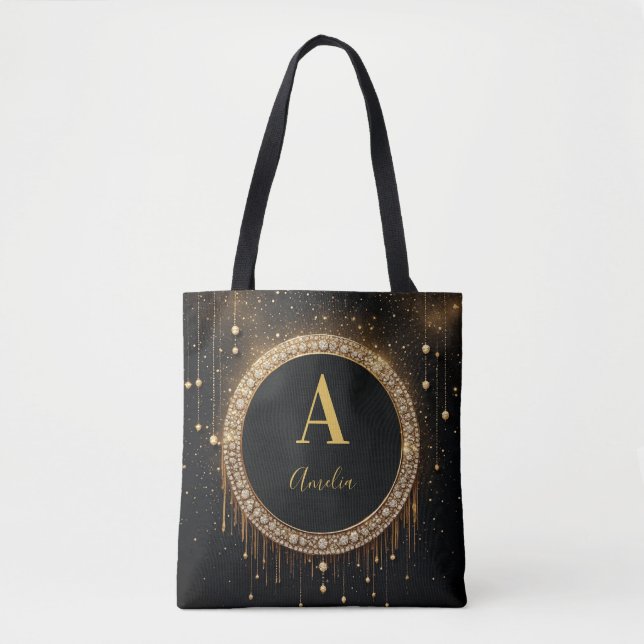 Anpassat namn Svart Glitter Monogram Bokstav Tygkasse (Framsida)