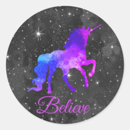 Anpassat namn Svart/Lila Galaxy Unicorn Sticker Runt Klistermärke
