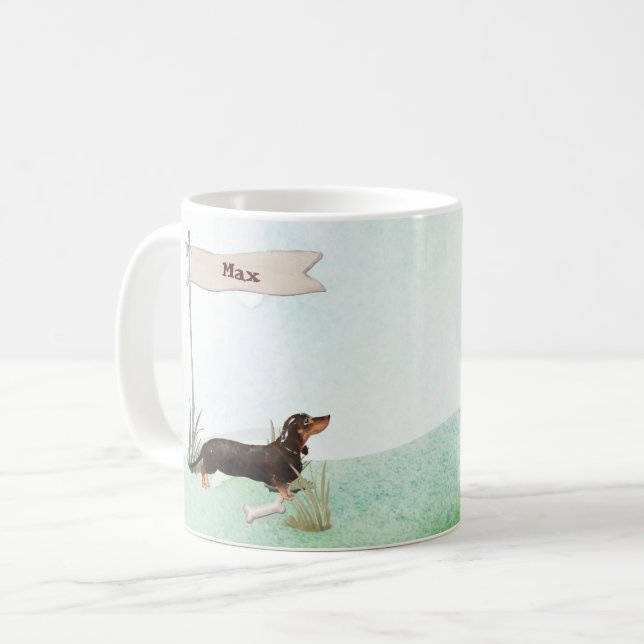 Anpassat namn Svart och Tan Dachshund Pet-Hund Kaffemugg (Framsida vänster)