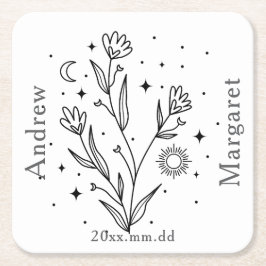 Anpassat Namn Svart & Vitt Blommönster  Underlägg Papper Kvadrat