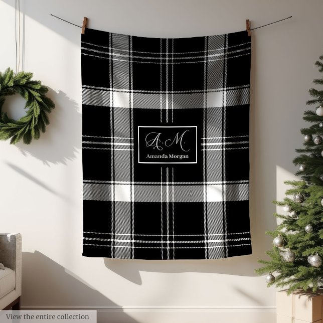 Anpassat Namn Svart Vitt Buffalo Rutig Herrpresent Fleecefilt (Custom Name Black White Buffalo Plaid Men's Gift Blanket)