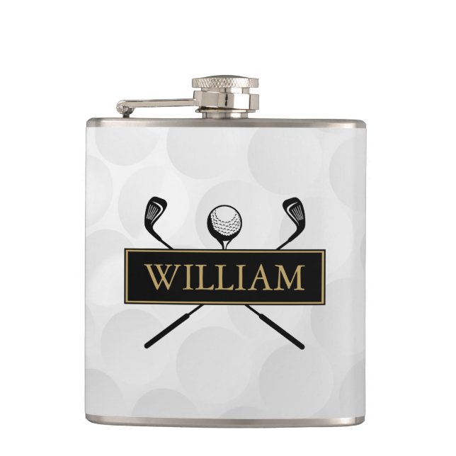 Anpassat Namn Svarta och Guld Klubbor och Boll Fickplunta (Framsidan)