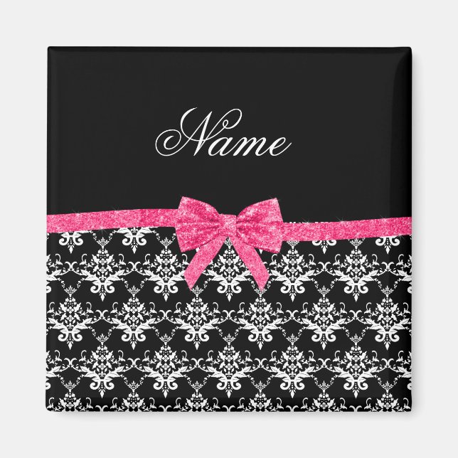 Anpassat namn svartvit damm rosa glitter magnet (Framsidan)
