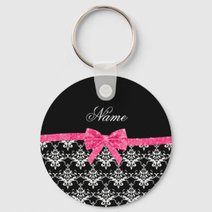 Anpassat namn svartvit damm rosa glitter nyckelring