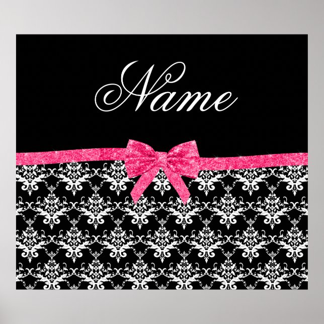 Anpassat namn svartvit damm rosa glitter poster (Framsidan)