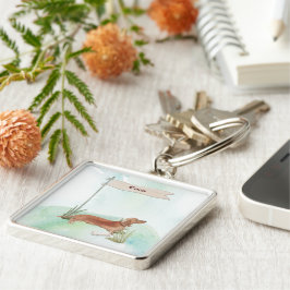 Anpassat namn Tan Dachshund Pet-Hund Fyrkantig Silverfärgad Nyckelring