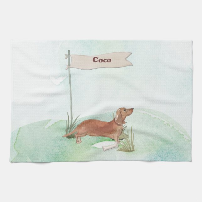 Anpassat namn Tan Dachshund Pet-Hund Kökshandduk (Horisontell)