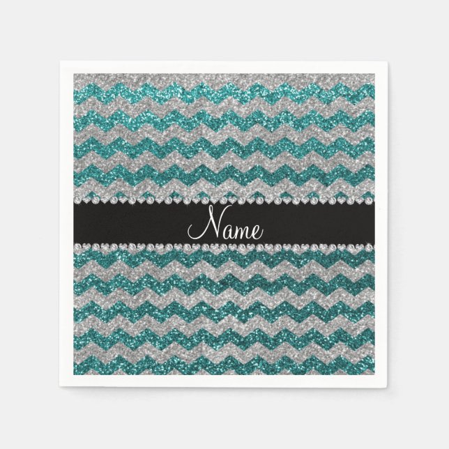 Anpassat namn teal silver glitter chevrons pappersservett (Framsidan)