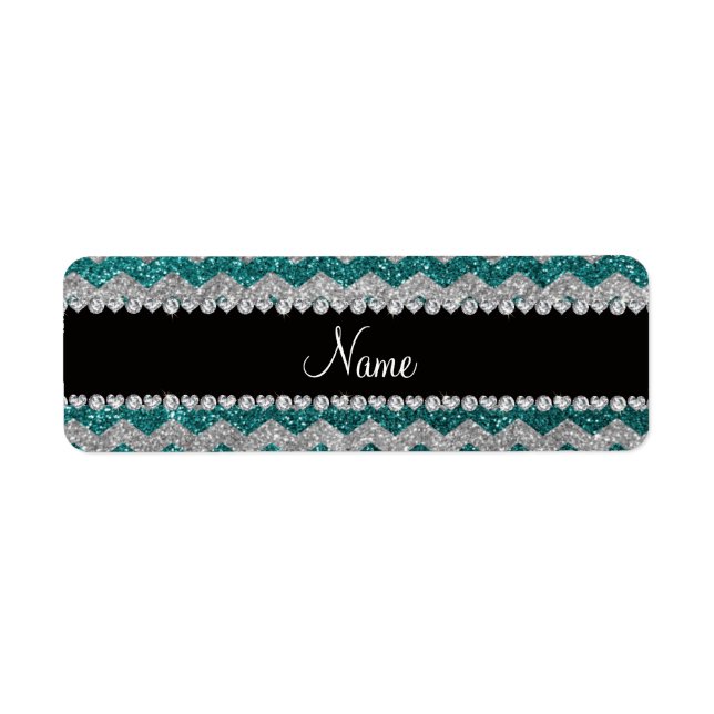 Anpassat namn teal silver glitter chevrons returadress etikett (Framsidan)