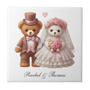 Anpassat namn Teddy Bear Brud och Brudgum Bröllop Kakelplatta