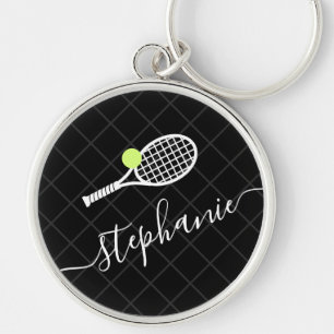 Anpassat namn Tennis Boll Racket Monogram Rund Silverfärgad Nyckelring