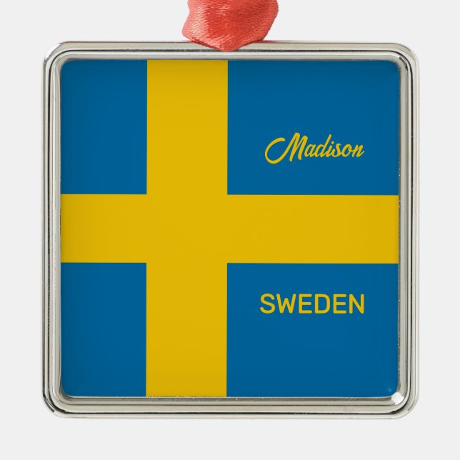 Anpassat namn & text svenska flaggan julgransprydnad metall (Framsidan)
