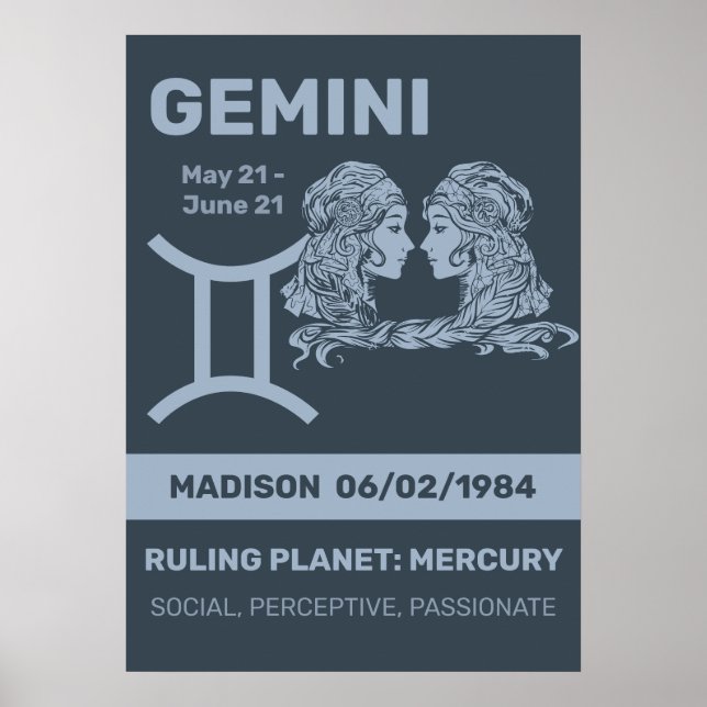 Anpassat namn/text Zodiac-signering Gemini Poster (Framsidan)