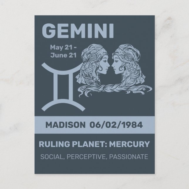 Anpassat namn/text Zodiac-signering Gemini Vykort (Framsida)