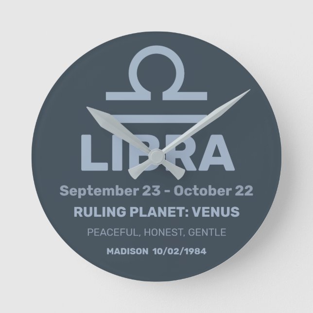 Anpassat namn/text zodiac-tecken libra rund klocka (Framsida)