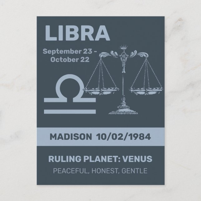 Anpassat namn/text zodiac-tecken libra vykort (Framsida)