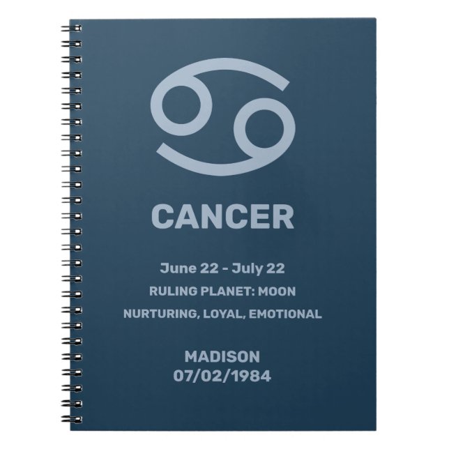 Anpassat namn/textzodiactecken Cancer Anteckningsbok (Framsidan)