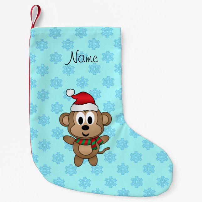 Anpassat namn: Tomt monkey light blue snöflingor Liten Julstrumpa (Framsidan)